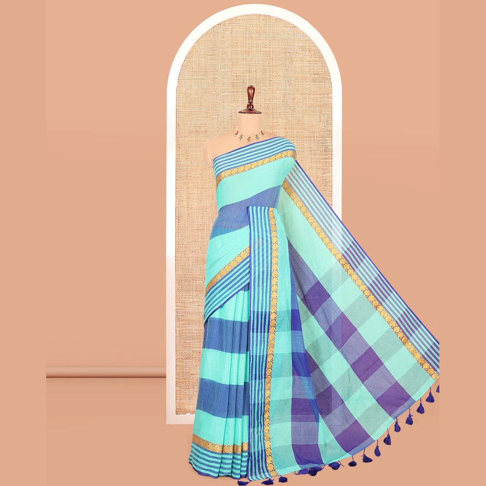 Pothys Royal Blue-Green Striped Khadi Cotton Saree, a Paisley Border, Checked Pallu, and No Blouse
